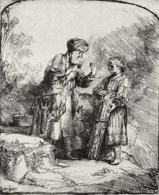 Авраам, разговаривающий с Исааком. 1645 - Офорт 160 x 131 мм Собрание Я. де Брёйна