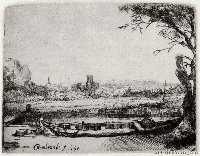 Пейзаж с лодкой. 1650 - Офорт 81 x 108 мм Собрание Я. де Брёйна