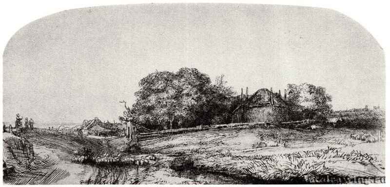 Пейзаж с сеновалом и стадом овец. 1650 - Офорт 83 x 173 мм Собрание Я. де Брёйна