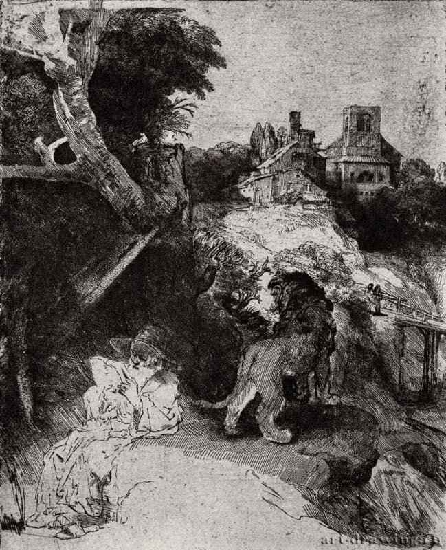 Святой Иероним в итальянском пейзаже. 1653 - Офорт 259 x 207 мм Собрание Я. де Брёйна