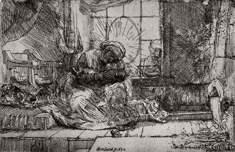 Святое семейство с кошкой 1654 - Офорт 95 x 144 мм Собрание Я. де Брёйна