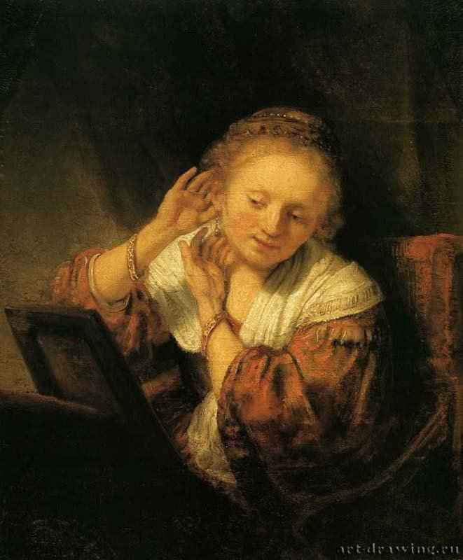 Молодая женщина, примеряющая серьги. 1657 - Дерево, масло 39,5 x 32,5 Эрмитаж Санкт-Петербург