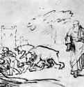 Илия напускает на глумящихся мальчишек медведей. 1658 - Перо 161 x 274 мм Библиотека университета Варшава