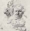 Лист этюдов с автопортретом, нищенкой с ребенком и фигурой старика. 1648 - Офорт 110 x 94 мм Собрание Я. де Брёйна