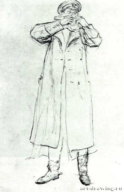 Стоящий мужчина в мундире, прижимающий к лицу платок. Дуэль. 1896 - Бумага, графитный карандашРеализмРоссия