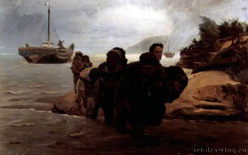 Бурлаки, переходящие брод. 1872 - 62 x 97 смХолст, маслоРеализмРоссияМосква. Государственная Третьяковская галереяВариант картины "Бурлаки на Волге"