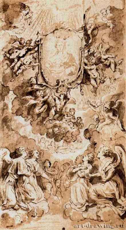 Образ Мадонны, несомый ангелами. 1608 - 266 х 151 мм. Перо и кисть коричневым тоном, местами отмывка серым тоном, следы свинцового штифта. Вена. Собрание графики Альбертина. Фландрия.