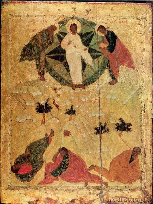 Преображение Господне. 1405 - 80,5 x 61 см. Доска липовая, ковчег, неглубокая лузга. Паволока, левкас, темпера. Икона. Праздничный чин. Московская школа. Благовещенский собор Московского Кремля.