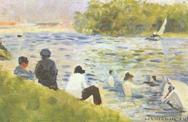 Купальщицы и белая лошадь в реке. 1883 - 15,25 x 24,5 смДерево, маслоПостимпрессионизм, пуантилизмФранцияАппервилл (штат Виргиния). Национальная картинная галерея