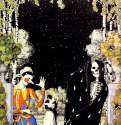 Арлекин и смерть, 1907 г. - Акварель, гуашь, тушь, перо, кисть, бумага; 17 x 12 см. Москва. Государственная Третьяковская галерея. Россия.