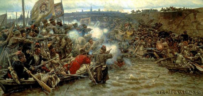 Завоевание Сибири Ермаком, 1895 г. - 53 x 103 см. Холст, масло. Реализм. Россия. Москва. Государственная Третьяковская галерея.