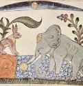 "Калила и Димна" Бидпаи. Заяц и царь слонов перед зеркальным отражением луны в источнике. 1354 - 17,2 x 24,4 смБумагаБлижний ВостокОксфорд. Бодлеанская библиотекаМиниатюра в рукописи