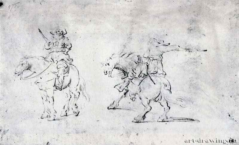 Два всадника. 1630-1640 - Карандаш, черный мел и перо коричневым тоном, на бумаге. 191 x 305 мм. Риксмузеум. Амстердам.