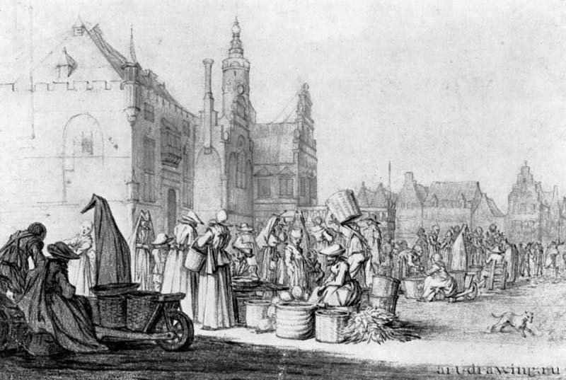 Ратуша и рынок в Харлеме. 1632-1635 - Черный мел и перо, отмывка, на бумаге. 185 x 275 мм. Музей Тейлера. Харлем.