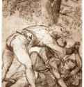 Ревнивый муж убивает жену. 1511 - Тициан Вечелио: 194 х 143 мм. Перо коричневым тоном, на бумаге. Париж. Школа изящных искусств, личные коллекции.