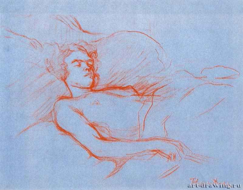 Спящая в постели женщина. 1896 - 375 х 480 мм Сангина на голубой бумаге Роттердам. Музей Бойманса - ван Бёйнингена Постимпрессионизм Франция