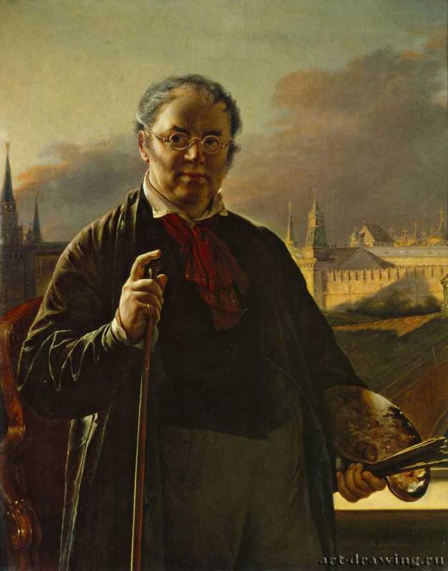 В. А. Тропинин: Автопортрет с кистями на фоне Московского Кремля, 1844 г.
