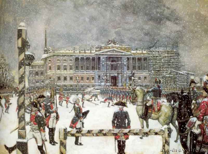 Парад при Павле I, 1907. - Бумага на картоне, гуашь, акварель. 59,6 x 82. Государственный Русский музей. Россия.