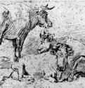 Три коровы на пастбище. Вторая треть 17 века - Черный мел на бумаге 104 x 152 мм Школа изящных искусств Париж