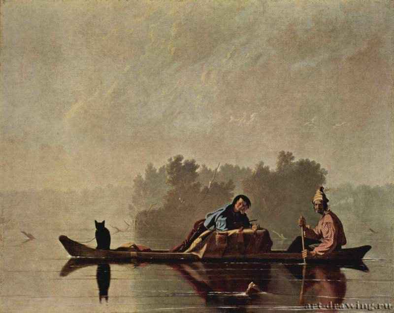 Торговцы мехами на Миссури, 1845. - 73,5 x 93 см. 
Холст, масло. 
Реализм. 
США. 
Нью-Йорк. Музей Метрополитен. 
По безмятежной туманной Миссури скользят в лодке двое охотников и их кот. Теплый свет, мерцающий над спокойной рекой, придает всей сцене вневременной характер сновиде- ния. Фигуры вот-вот исчезнут из вида. Во многих своих ран- них работах Бингем использовал прием тщательно сбаланси- рованных горизонталей и вертикалей, размещая фигуры под прямым углом друг к другу, чтобы придать равновесие компо- зиции. Один из самых значительных мастеров североамериканской живописи периода освоения западных территорий. Бингем изображал пейзажи и население американского Запа- да. В те времена, когда не все еще слышали о фотографии, за- дачей художника было показать, как выглядят эти новые неиз- веданные земли. Постепенно Бингем отрывался от реки и продвигался в глубь территории. Впоследствии он занялся и политикой (в 1848 году он был избран в законодательное со- брание штата Миссури), однако в историю он вошел как ху- дожник высокого мастерства и технического совершенства - благодаря оставленной им живописной хронике ушедшего стиля жизни.