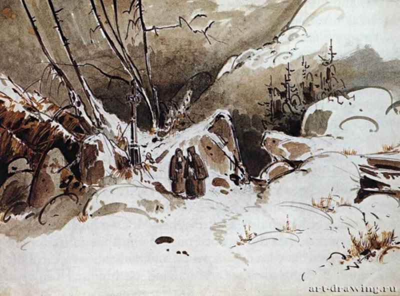 Альпийский переход с монахами, 1833. - Акварель, карандаш. 23 x 32. Мюнхен. Государственное графическое собрание. Германия.