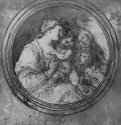 Мадонна с младенцем, святой Елизаветой и маленьким Иоанном Крестителем, тондо. Первая половина 17 века - 236 х 262 мм Черный и красный мел, отмывка серым тоном, на белой бумаге Флоренция Уффици, Кабинет рисунков и гравюр Италия