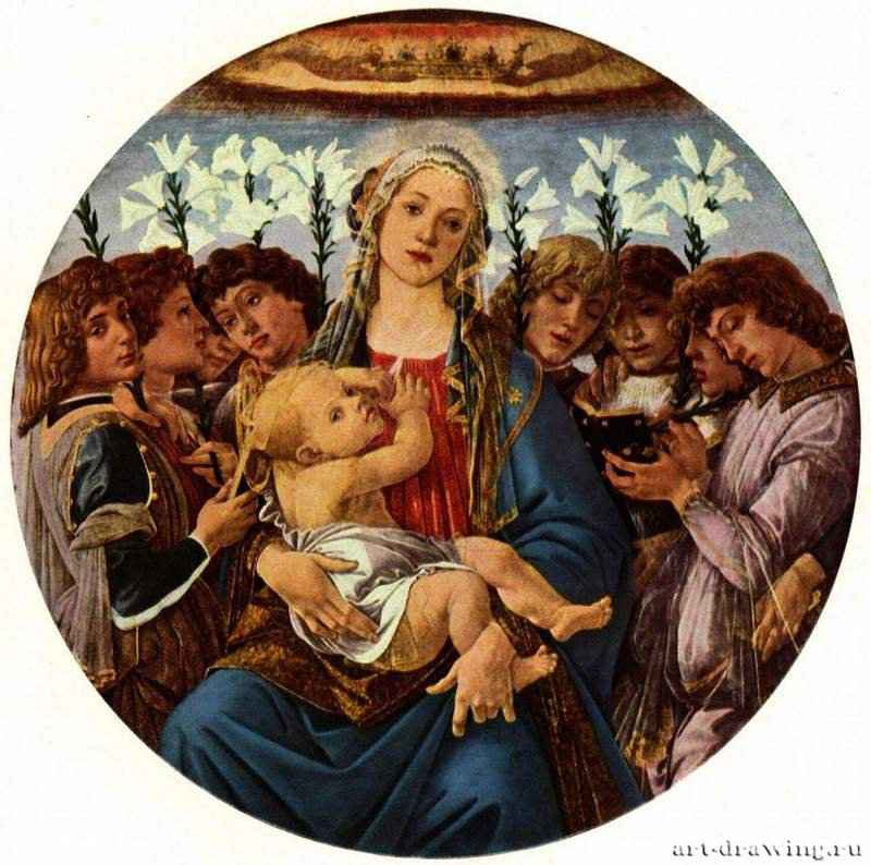 Мадонна с восемью поющими ангелами (Берлинская Мадонна) - 1477 *Диаметр 135 смДерево, темпераВозрождениеИталияБерлин. Картинная галереяСовместная работа с мастерской Боттичелли. Тондо