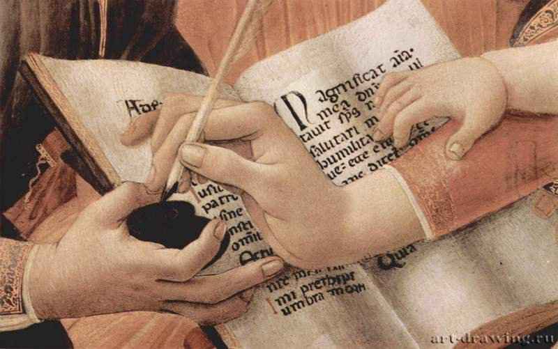 Мадонна "Magnificat", Мария с младенцем Христом и пятью ангелами. Деталь - 1483-1485 *Дерево, темпераВозрождениеИталияФлоренция. Галерея УффициТондо