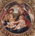 Мадонна "Magnificat", сцена: Мадонна с Младенцем Христом и пятью ангелами, тондо. 1483-1485 - Диаметр: 118 см. Дерево, темпера. Флоренция. Галерея Уффици.