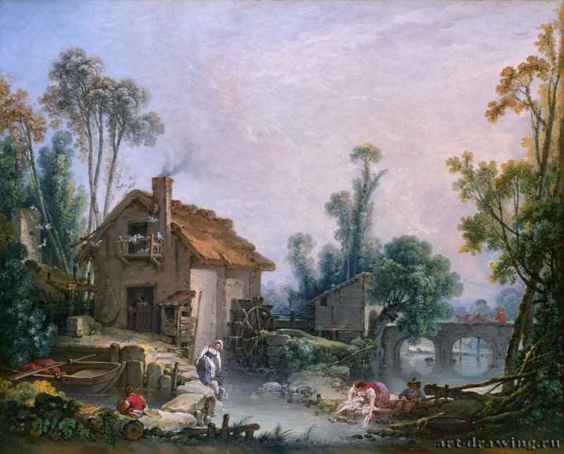Пейзаж с водяной мельницей, 1755 г. - Холст, масло; 36 х 28 см. Рококо. Франция. Лондон, Нац. галерея.
