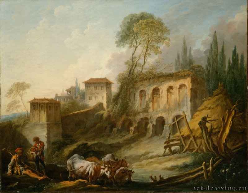 Каприччо. Пейзаж с холмом Палатино, вид с Кампо Ваччино, 1734. - Ваччино, 1734. 63 х 81. Нью-Йорк. Метрополитен.