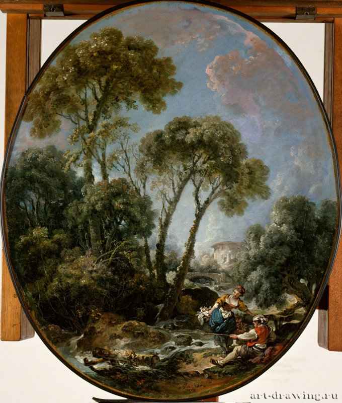 Пейзаж с рыбаком и молодой женщиной, 1769 г. - Холст, масло; 64 × 54 см. Рококо. Франция. Балтимор, Музей искусства Уолтерса.