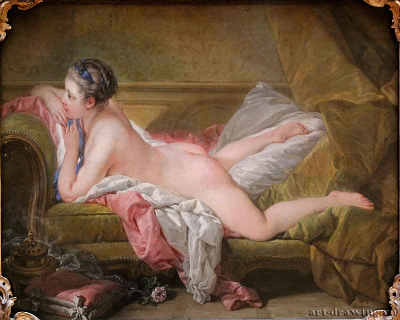 Светловласая одалиска (Портрет мадмуазель Луизы О'Мерфи) 1752. - Холст, масло. 59.5 × 73.5. Рококо. Франция. Мюнхен, Старая Пинакотека.