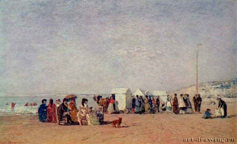 Э. Буден: Пляж в Трувиле -  1868 29 x 48 см Холст, масло Импрессионизм Франция Париж. Частное собрание