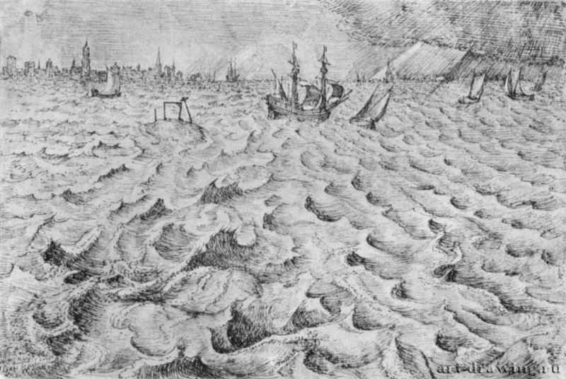 Морской пейзаж с видом Антверпена на заднем плане. 1550 - 202 х 299 мм. Перо чернилами, на бумаге. Лондон. Собрание Сейлерн. Нидерланды.