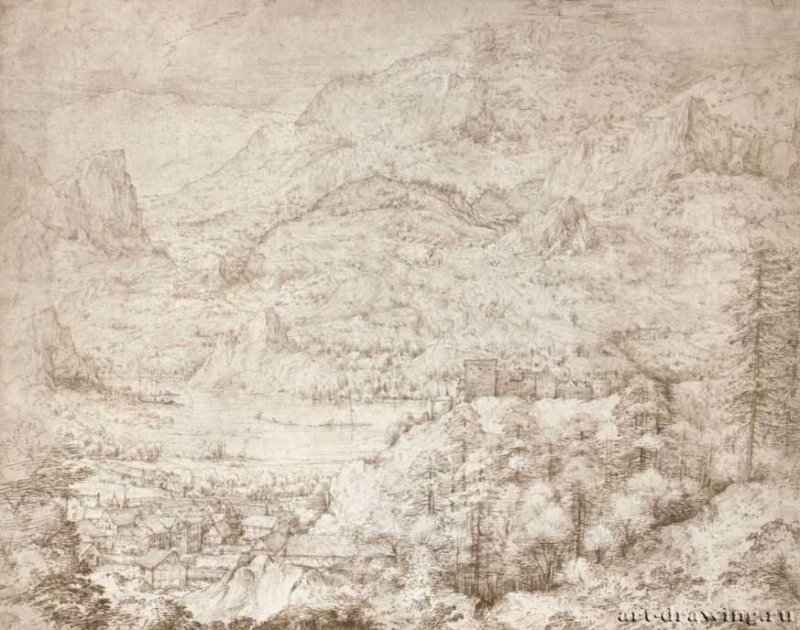 Альпийский пейзаж с рекой, деревней и замком. 1553 - 357 х 444 мм. Перо коричневой тушью, отмывка коричневым тоном, на бумаге. Нью-Йорк. Библиотека Пирпонта Моргана. Нидерланды.