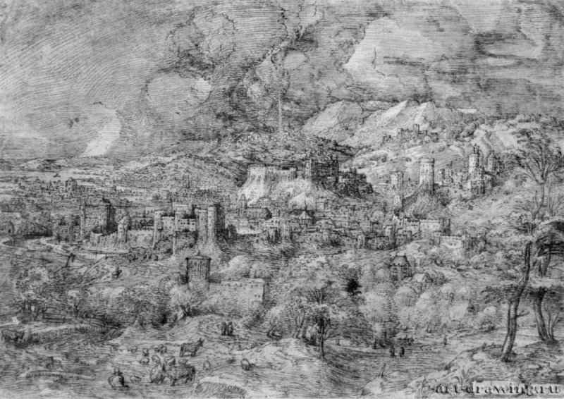 Пейзаж с укрепленным городом. 1553 - 237 х 335 мм. Перо коричневым тоном, на белой бумаге. Лондон. Британский музей, Отдел гравюры и рисунка. Нидерланды.