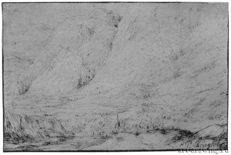Две исполинские горы. 1554 - 124 х 185 мм. Перо коричневым тоном, на белой бумаге. Дрезден. Гравюрный кабинет Государственных художественных собраний. Нидерланды.