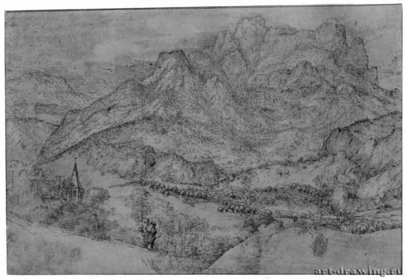 Альпийский пейзаж. 1554-1555 - 305 х 456 мм. Перо коричневым тоном, на белой бумаге. Кембридж (штат Массачусетс). Художественный музей Фогг, Отдел гравюры и рисунка. Нидерланды.