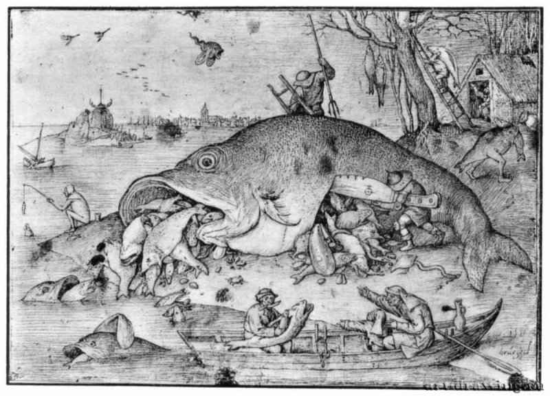 Большие рыбы поедают малых. 1556. - 216 х 302 мм. Перо серым тоном, на бумаге. Вена. Собрание графики Альбертина. Нидерланды.