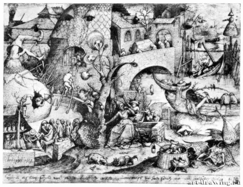 Рисунок из серии "Пороки": Зависть (Invidia), 1557 - 220 х 300 мм. Перо коричневым тоном, на бумаге. Базель. Собрание Хирш. Нидерланды.