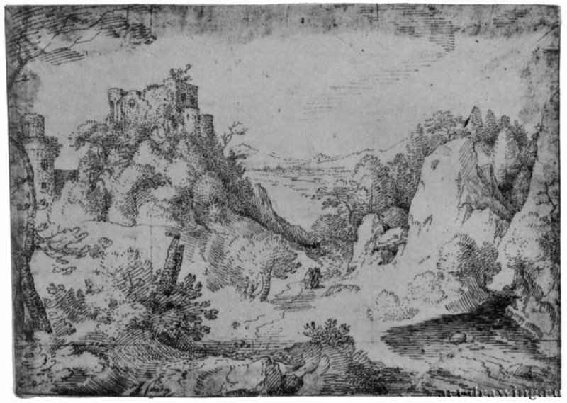 Пейзаж с замком на скале, 1558-1559 - 158 х 220 мм. Перо желтым тоном на белой бумаге. Принстон (штат Нью-Джерси). Частное собрание. Нидерланды.