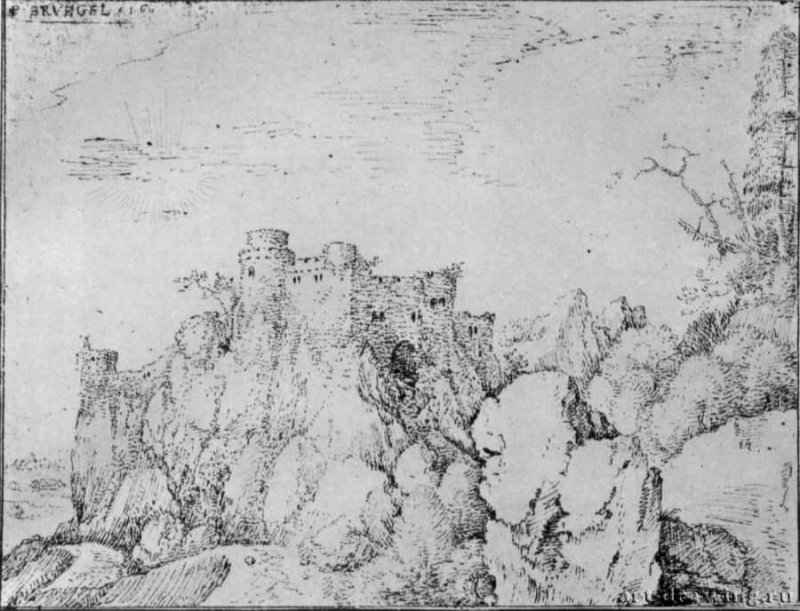 Замок среди гор. 1560 - 145 х 191 мм. Перо желтым тоном на белой бумаге. Частное собрание. Нидерланды.