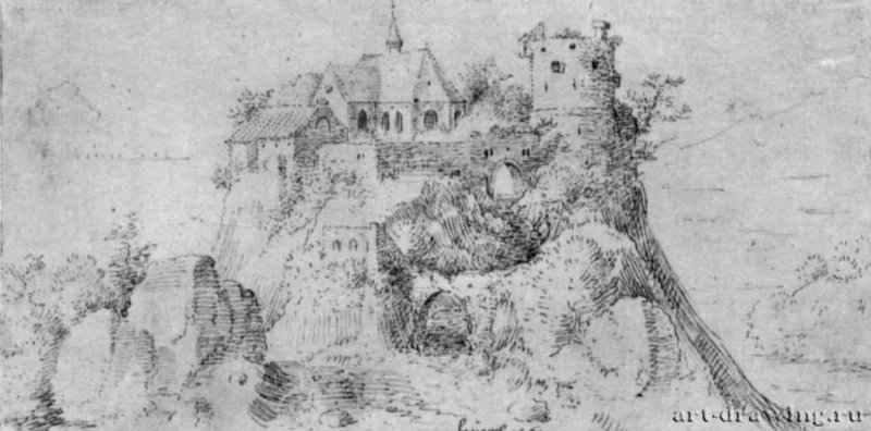Руины и капелла на скале. 1561 - 97 х 164 мм. Перо желто-коричневым тоном, на белой бумаге. Берлин. Гравюрный кабинет. Нидерланды.