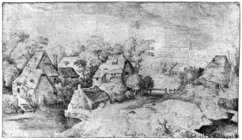 Сельский пейзаж. 1562 - 180 х 310 мм. Перо желто-коричневым тоном, на белой бумаге. Брауншвейг. Музей герцога Антона-Ульриха, Гравюрный кабинет. Нидерланды.