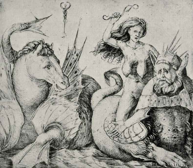 Старуха верхом на тритоне. 1480-1514 - 102 х 117 мм. Резцовая гравюра на меди. Лондон. Британский музей, Отдел гравюры и рисунка.