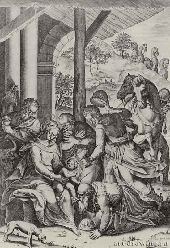 Поклонение волхвов. 1580 - 491 х 340 мм. Резцовая гравюра на меди. Вена. Собрание графики Альбертина. Италия.