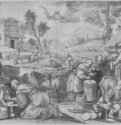 Серия картин месяцев. Месяц май. 1580-1590 - 304 х 439 мм. Итальянский карандаш, отмывка серым тоном, цветная акварель, на бумаге, разметка на квадраты черным мелом. Частное собрание. Италия.