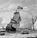 Корабль "Король Уильям" перед Роттердамом. 1689 - Перо, отмывка коричневым тоном, на бумаге 139 x 255 мм Альбертина Вена