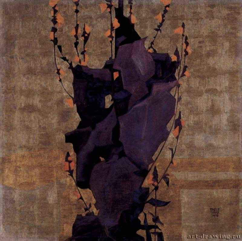 Стилизованные цветы на декоративном фоне, натюрморт. 1908 - 65,5 x 65,5 смХолст, маслоЭкспрессионизмАвстрияВена. Собрание Леопольд